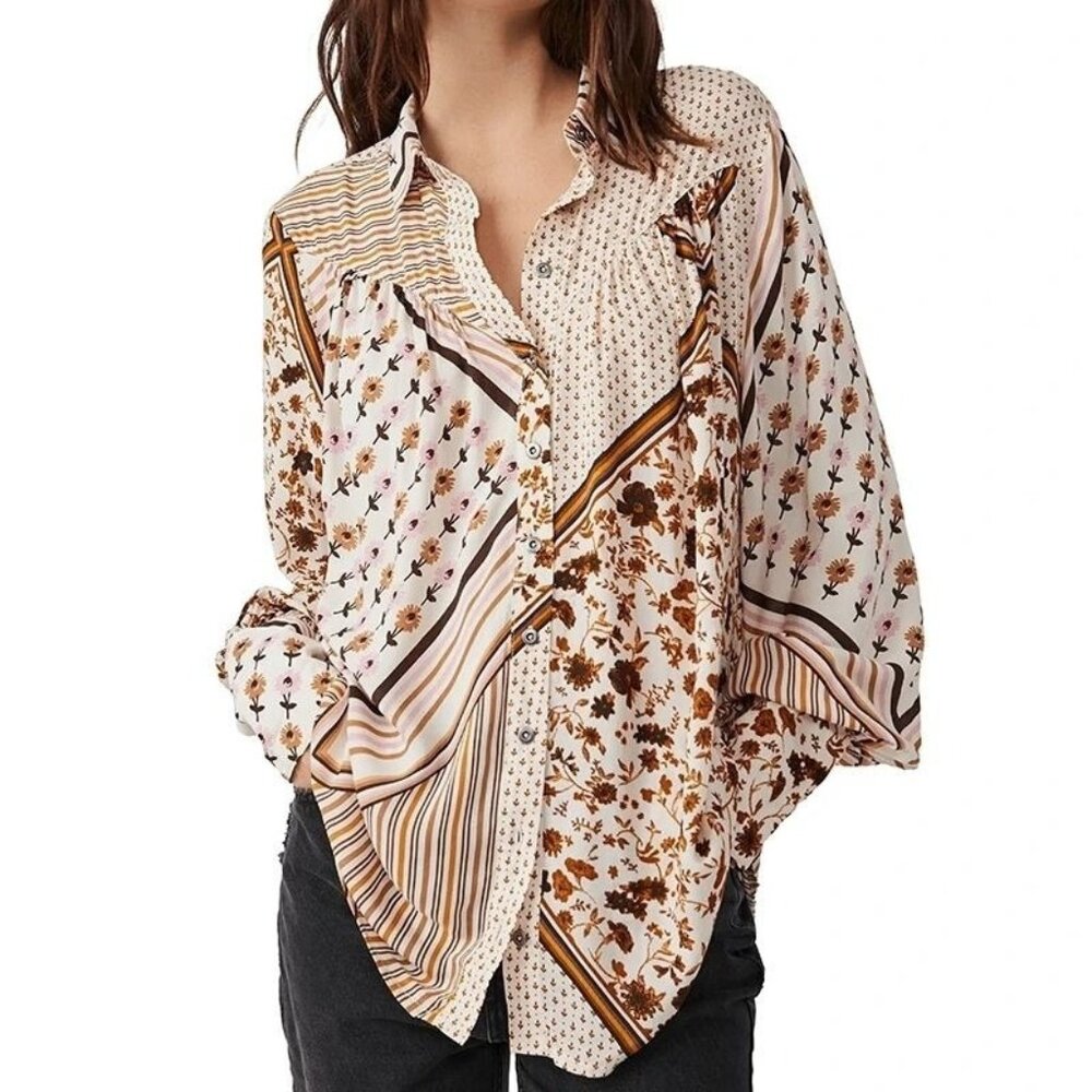 Free People Woman Size XS Hazel Button Down Shirt Blouse Ivory Floral Viscose